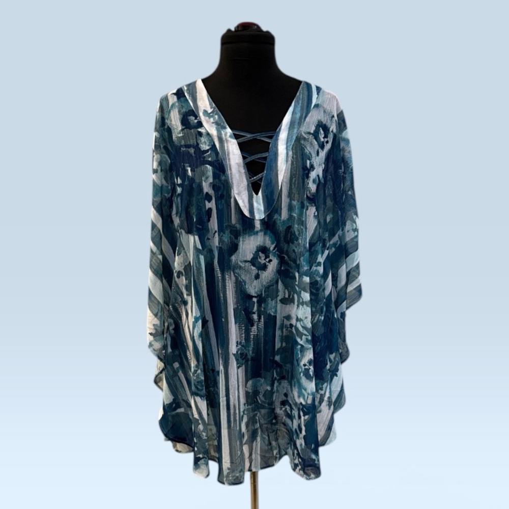 Catherines Blue and White Floral Sheer Tunic